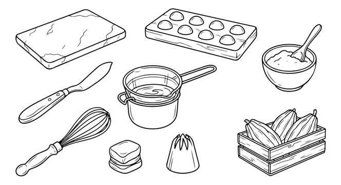 Chocolate making tools and ingredients vector illustration set, cocoa bean box, melting pot, whisk, spatula, molds, and butter for confectionery design.