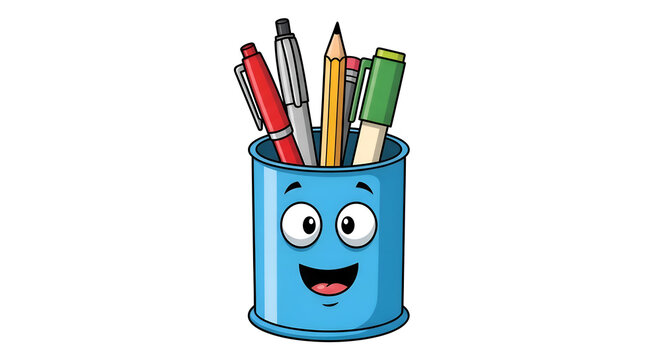 Cute cartoon pencil cup with pens and pencils happy face isolated on white background