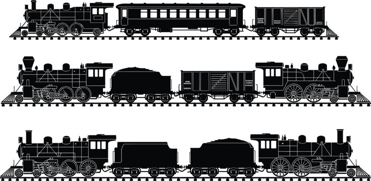 Steam train silhouette vector set, black white clipart of locomotive coal tender passenger boxcar railway transport, vintage rail illustration artwork bundle