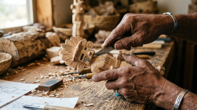 Hands carving wood sculpture with tools on a workbench.