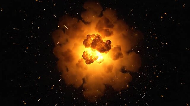 A bright orange explosion erupts against a dark background