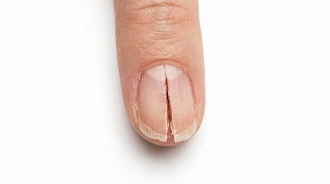 Fingernail with vertical split onychorrhexis on white background