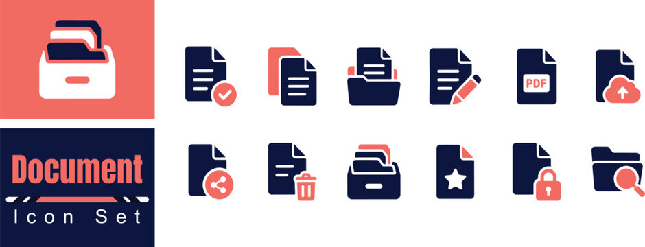 Document Management Icon Set for File Storage Archive PDF Editing Security and Office UI Website