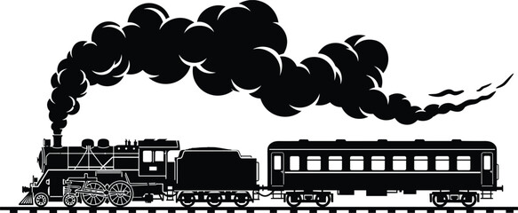 Steam locomotive silhouette vector set, black white clipart of train passenger car railway transport, vintage rail illustration artwork bundle © Fenshi