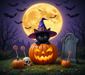 Fototapeta premium Cute black cat in witch hat inside a jackolantern pumpkin for halloween