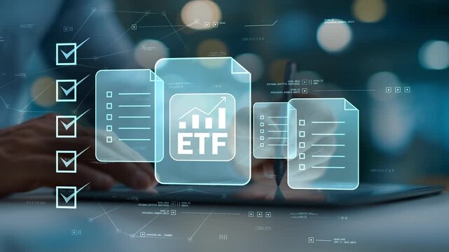 Businessman Reviewing ETF Investment Strategy with Digital Checklist, Financial Documents, Portfolio Analysis and Long-Term Wealth Growth Planning