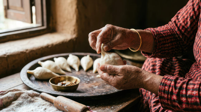 Person making traditional dumplings by hand close up.