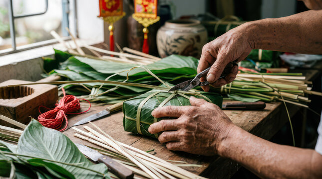 Person wrapping food in green leaves with string.