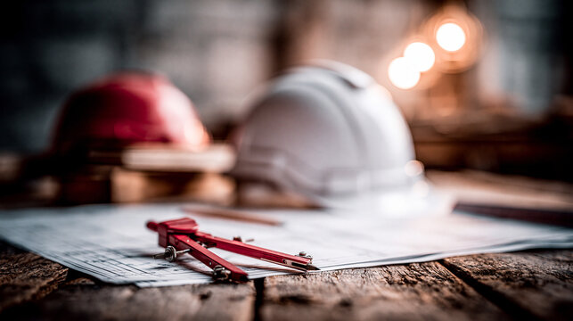 Close-up of architectural tools and safety helmets on a wooden table, with blurred background lights creating a warm atmosphere.