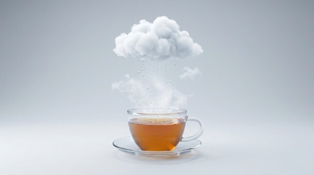A small glass cup of hot tea with a rainy cloud floating above it