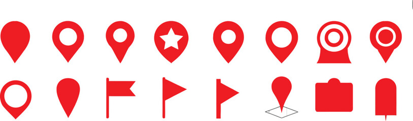 Map pin location icon set, GPS navigation markers, travel destination symbols and geographic pointer icons for mobile apps, websites and user interfaces. © FASTSEO