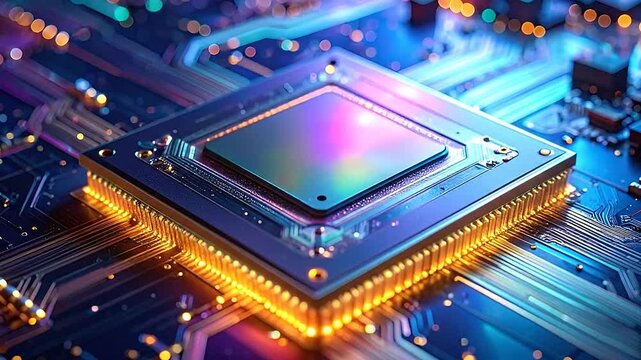 A high-tech central processing unit sits on a complex motherboard with glowing circuit pathways