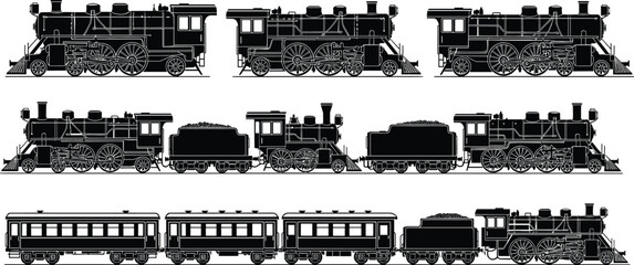 Steam locomotive silhouette vector set, black white clipart of coal tenders passenger railway transport vintage train, rail illustration artwork bundle © Fenshi