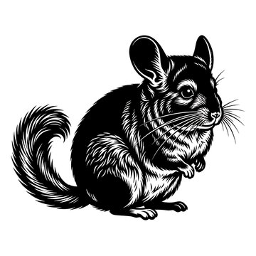 Chinchilla sitting on white background. Cute exotic rodent pet in side profile illustration for design projects.