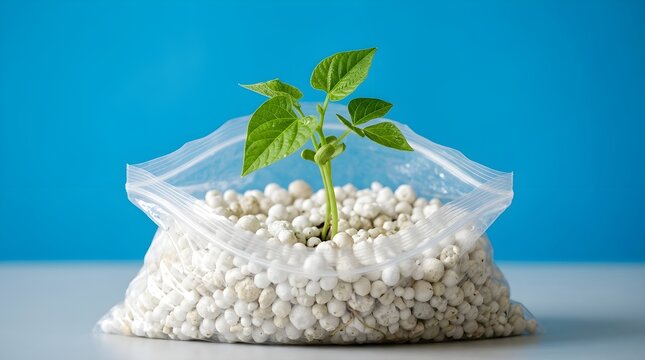 green plant in a polybag. Green leaves plant growing on polystyrene foam bead in plastic bag with vibrant blue background, Environment friendly concept
