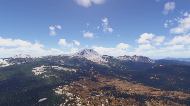 Side aerial drone shot of the snow at Lassen Volcanic National Park. California. United States