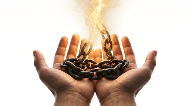 Human Hands Holding Broken Metal Chains Releasing Bright Golden Solar Plasma Energy Core