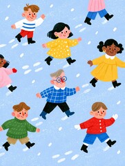 Fototapeta premium Joyful Winter Scene: Group of Children in Snow, Playing and Running