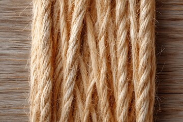 Fototapeta premium Close-up of Blonde Natural Rope Hair Strands with Texture and Detail on Wooden Background