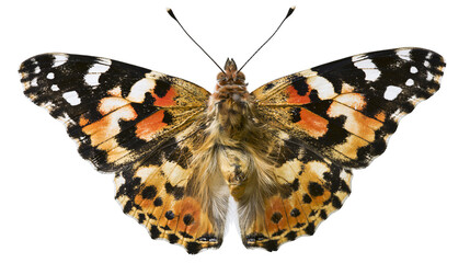 Painted Lady butterfly with intricate orange black and white wing patterns, isolated on transparent background © iPNG