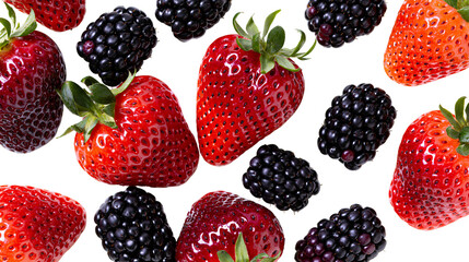 Fresh ripe strawberries and blackberries scattered, isolated on transparent background © iPNG