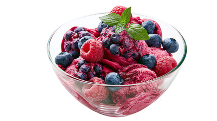 Scoops of vibrant berry sorbet topped with fresh blueberries and raspberries, isolated on transparent background © iPNG