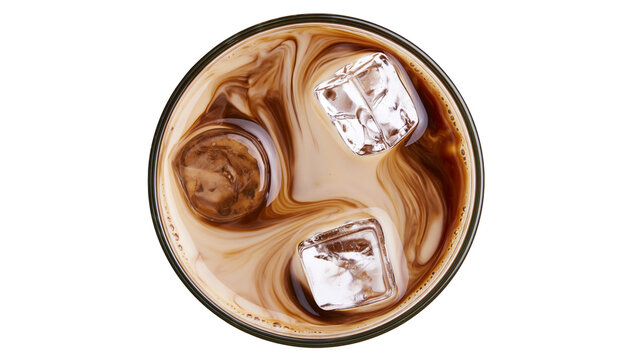 Iced coffee with swirling cream and ice cubes, isolated on transparent background