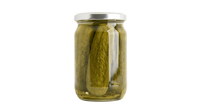 Glass jar filled with dill pickles preserved in brine, isolated on transparent background