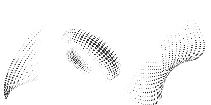 Halftone gradient circles collection. Dots textured round patterns. Cartoon comic radial faded background set. Abstract pixelated elements for frame, poster, collage, banner, flyer.
