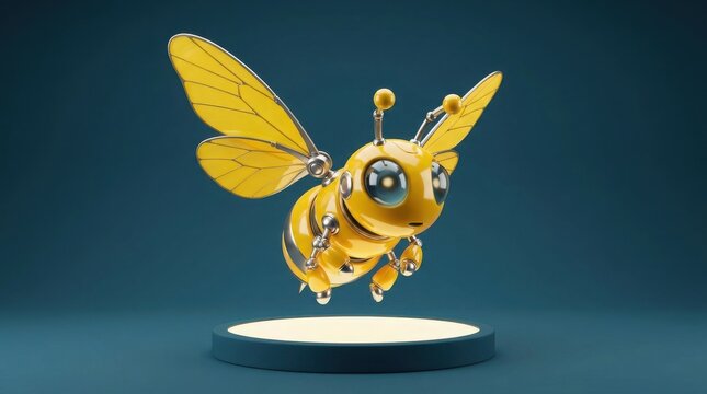 Cute yellow mechanical robotic bee hovering above a dark circular platform