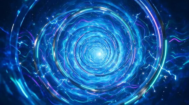 Futuristic blue vortex tunnel with glowing light, abstract digital swirl and energy ring in deep space, space travel concept, glowing spiral portal in dark background