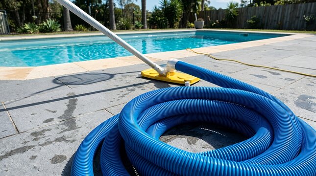 Swimming pool vacuum cleaner with blue hose on paved patio, residential pool maintenance and cleaning service concept