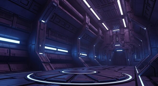 Futuristic sci-fi corridor with glowing neon lights and metallic walls. Ideal for space travel concepts or high-tech.