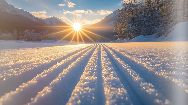 Sunrise over freshly groomed cross-country ski trail. Morning winter sun casting long shadows on packed snow tracks.