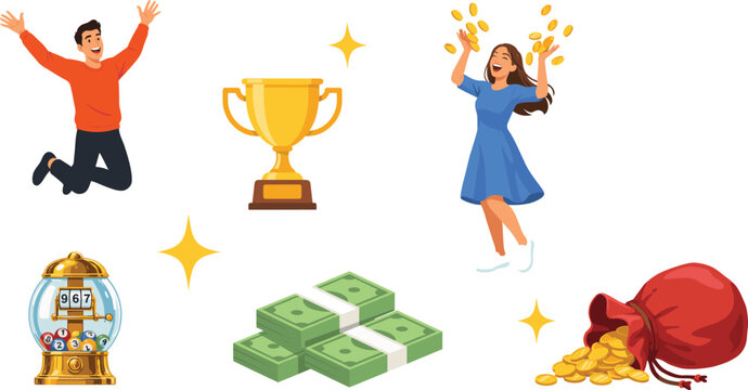 Lottery and Big Win Winners Vector Set Featuring Jumping Man Celebrating Woman Throwing Coins Gold Trophy Cash Money Sack and Bingo Machine Icons
