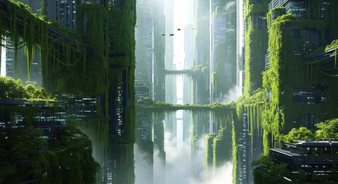 Futuristic eco-city with skyscrapers covered in lush greenery. Sustainable urban development concept for modern green.