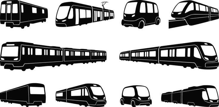 Collection of modern urban transit trains trams and autonomous shuttle vector silhouettes isolated on white background