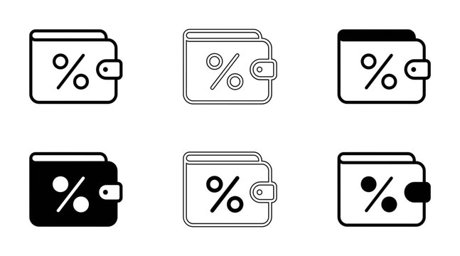 Flat icons of wallet with percentage and discount symbols isolated on transparent background, Vector