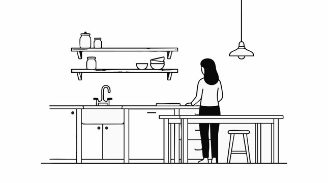 Woman in a minimalist kitchen preparing food, line art illustration