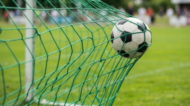 Soccer ball caught in net goal celebration and sports action imagery