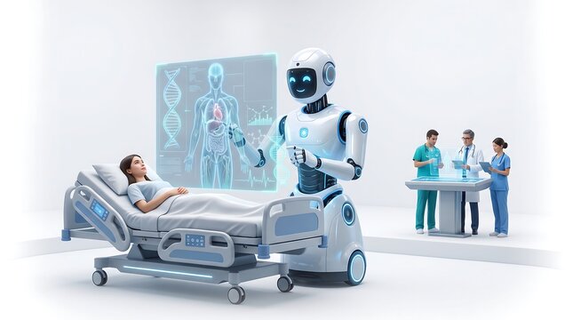 Medical robot assisting patient in hospital room. Futuristic healthcare AI performing diagnostic treatment on bedridden man.