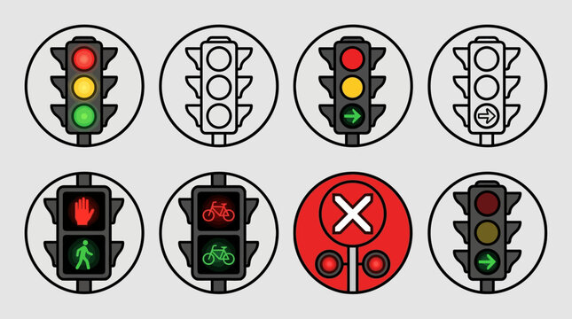 Traffic signal icons with lights, arrows, pedestrian and cyclist symbols, standardized safety signs ensuring order, guidance, and regulated urban mobility.