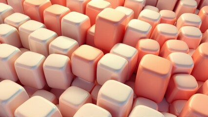 Obraz premium Rounded cubes densely packed, soft lighting, peach tones, smooth surfaces. Minimalist composition, abstract texture, digital rendering.