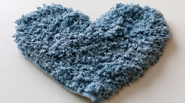 Blue chenille fabric shaped like a heart on a white surface