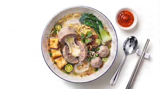 Overhead shot of a bowl of bakso with vegetables and noodles on a white background with chopsticks and spoon