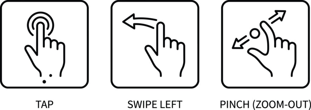 Touchscreen Gesture Icons: Tap Swipe Left Pinch Zoom Out