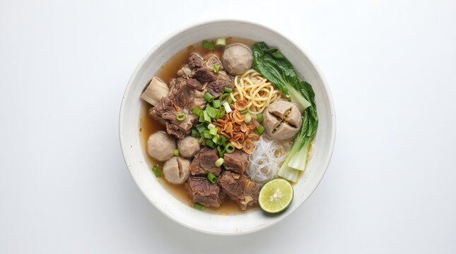Top-down view of a steaming bowl of bakso with meatballs, noodles, and vegetables in a savory broth on a white background