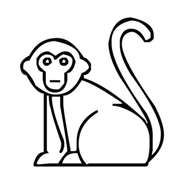 Simple black and white line art illustration featuring a cute sitting monkey on white background