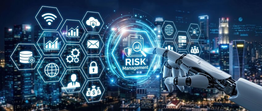 Futuristic robotic hand interacting with digital risk management interface showcasing advanced technology and cybersecurity concepts in a modern cityscape.
