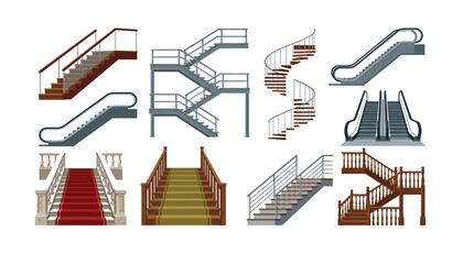 Stairs and escalators vector set featuring modern elevator, classic wooden staircases, spiral steps, metallic industrial fire escapes and red carpet ladders © moinul